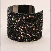 1pc Wholesale Exaggerated Sticker Sequin Metallic Bangle Bracelet, Super Shiny Alloy Wide Cuff Bracelet For Women - Black - View 2