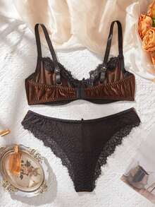 Temptuelle 1套女士豹纹蕾丝无钢圈前扣文胸 - 咖啡棕 - 查看 1