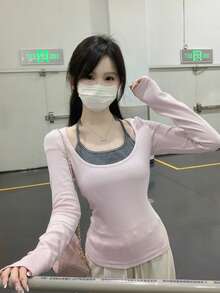 极简性感方领拼接仿两件式长袖打底衫 - 粉色 - 查看 2