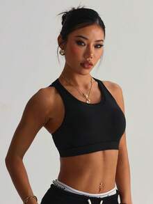 Soutien-gorge de sport en tricot à col rond amovible et rembourré, avec patchwork en maille et dos croisé, couleur unie pour femmes - Noir - Voir 6