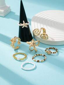 8件套海洋沙滩风海星戒指，串珠波西米亚风戒指，贝壳戒指，波西米亚风饰品，适合度假和日常佩戴 - 彩色 - 查看 4