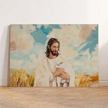 1pc Jesus And Sheep Oil Painting Mural Print, Wood Frame Wall Art, Room Decor, Living Room Bedroom Easter Decoration - Friends And Family, Ready To Hang - Framed - View 9