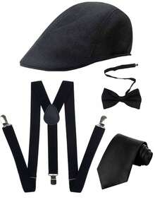 2/3/4/5+ Pcs 1920s Gangster Costume Accessories Set, Newsboy Cap, Suspenders, Tie, Pre-Tied Tie Accessories Set, Halloween - Multicolor - View 6