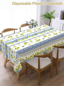 1pc Lemon Plastic Tablecloth, Yellow & Blue Floral Geometric Pattern Rectangular Disposable Table Cover, Italian Theme Decor, Mediterranean Blue Summer Home Kitchen Dining Table Decor, Wedding Bridal Shower Party Supplies - Multicolor - View 11