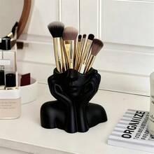 1pc Cute Face Shaped Makeup Brush Holder, Multifunctional Desktop Pen Cup, Minimalist White Resting Face Replica, Artistic Desktop Decor, Practical & Stylish, Comes With High-End Ambiance, Compact & Useful, Made Of Plastic, No Assembly Required - Multicolor - View 2