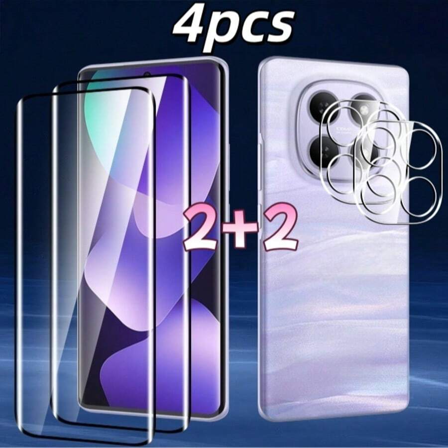4件/包，適用於 Redmi Note 13 Pro+/14 Pro/14 Pro 4G/14 Pro 5G/14 Pro+/15 4G/15 5G/15 Pro 4G/15 Pro 5G/15 Pro+/14 4G/14 5G/15 Pro/15 Pro+/13C/14C/15C/A5/15/A7 Pro，2片高清鋼化玻璃螢幕保護貼 + 2片高清透明鋼化玻璃鏡頭保護貼，全覆蓋鋼化玻璃螢幕保護貼，含高清邊膠