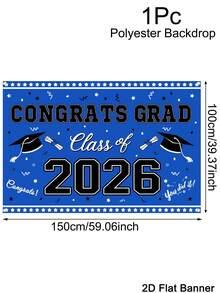1pc Graduation Banner Background, Class Of 2026 Congrats Grad Pattern Backdrop, Blue White Background Cloth, Indoor Outdoor Wall Decor, Graduation Decorations 2026 High School College Party Supplies, Room Home Decor - Blue and White - View 3