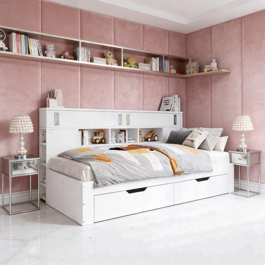 Kids Bed Frames, Headboards & Footboards - White + MDF + 90cm*200cm - View 1