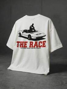 Áo thun nam dáng rộng in hình đua xe, khẩu hiệu chữ, phong cách đường phố năng động, thích hợp cho mùa hè, in hai mặt, chất liệu mềm mại. - trắng - Xem 4