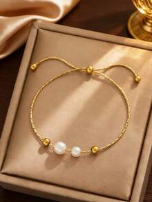 1 pieza Pulsera de cadena de hueso de serpiente de acero inoxidable minimalista, diseño ajustable con cordón y cuentas, estilo para mujer - Pulsera ajustable - Ver 13