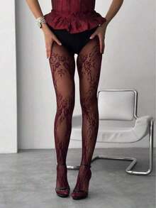 1 Pair Women's Floral Lace Tights/Stockings, Fishnet Stockings, High Waist Slimming Tight Fit, Plus Size, Suitable For Various Occasions For Dress, For Christmas Gift - màu đen - Xem 2