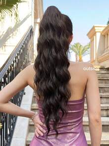 ZURO 26英寸长波浪卷合成假发马尾接发，黑/棕色，爪夹式，耐热纤维，适合女性、女孩，可用于派对和日常佩戴。 - 黑棕色 - 查看 5