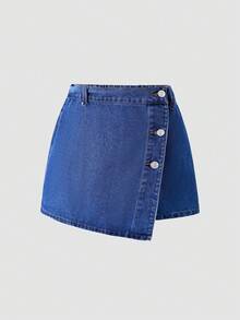 女童不对称纽扣牛仔迷你裙，适合夏季Y2K风格 - 藍色 - 查看 3