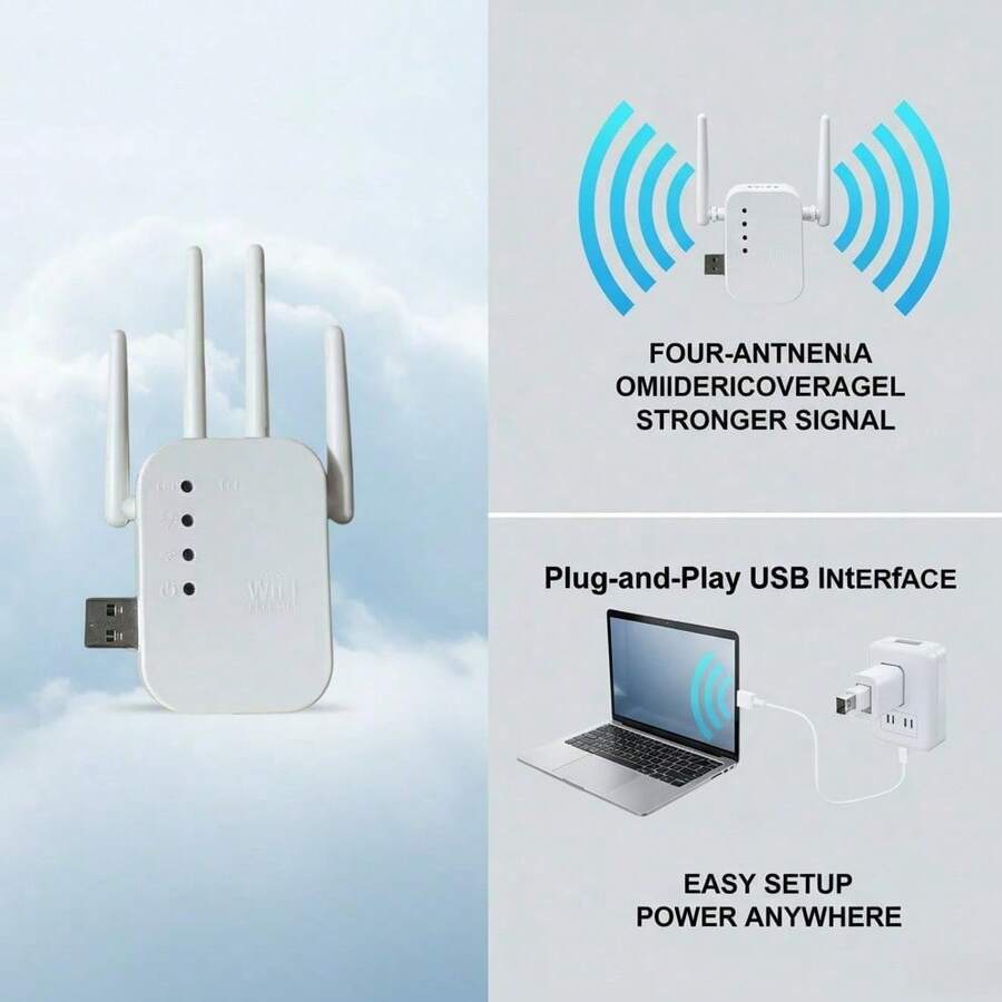 USB无线网卡信号增强器。WiFi信号放大器、WiFi信号扩展器、无线网络中继器,专为穿墙设计,带以太网端口的远程放大器,一键设置,接入点,支持Alexa(4天线白色中继器) - 彩色 - 查看 1