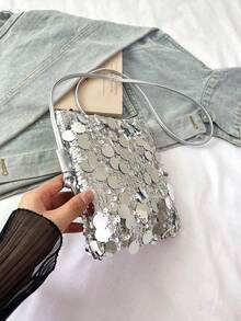 1个绗缝开合式PVC亮片小方包，时尚闪亮亮片零钱包手机包，女士派对活动包，新款时尚链条斜挎包，闪亮亮片别致单肩包，适合女士出席宴会和派对 - 銀色 - 查看 8
