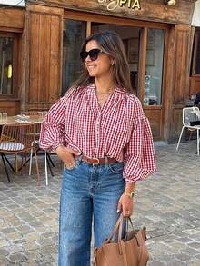 Women's Casual Street Style V-Neck Button Half Placket Long Sleeve Plaid Shirt, Spring/Summer - Red - View 3