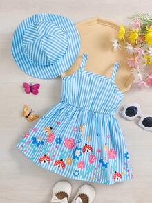 2pcs Baby Girl Floral Print Dress + Hat Set, Casual Elegant Style, Lightweight For Spring/Summer - Baby Blue - View 3