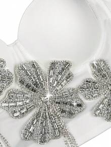 黑色钻石镶嵌闪亮花卉吊带背心性感露背束身衣女式休闲白色 - 白色 - 查看 2