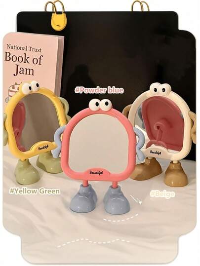 1个桌面装饰镜，采用大眼睛和精致化妆图案设计，适用于卧室、家庭和学生宿舍。这款便携式小镜子角度可调节，采用高清玻璃材质，是梳妆台的理想之选。