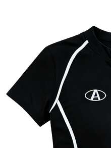 女士不对称条纹拉链短袖上衣，修身显瘦夏季衬衫，独特百搭时尚叠穿单品 - 黑色 - 查看 5