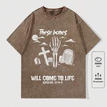 Men's Y2K Vintage Distressed Black T-Shirt - Gothic "These Bones Will Come To Life" Ezekiel 37:4-5 Graphic With Skeletal Hand, Cross & Tombstone, 100% Cotton Super Soft & Breathable Christian Streetwear Gift Independence Day Father's Day DG004-A - 咖啡色 - 查看 1