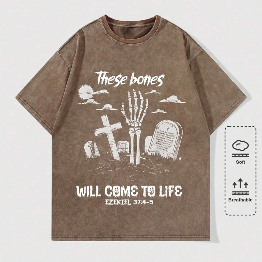 Men's Y2K Vintage Distressed Black T-Shirt - Gothic "These Bones Will Come To Life" Ezekiel 37:4-5 Graphic With Skeletal Hand, Cross & Tombstone, 100% Cotton Super Soft & Breathable Christian Streetwear Gift Independence Day Father's Day DG004-A - 咖啡色 - 查看 1