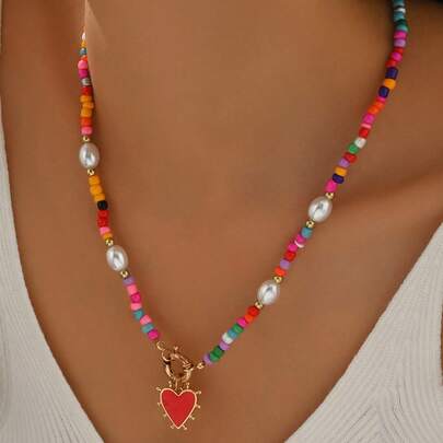 1pc Handmade Multicolor Seed Bead Choker Necklace With Red Heart Pendant, Suitable For Women's Daily Wear, Beach, Party, Mother's Day Gift