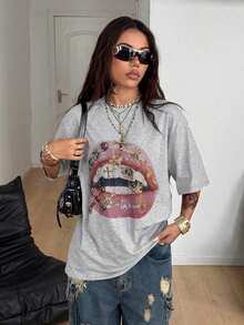2026 Summer ShirtCoolane Women's Summer Concert Streetwear Vintage Casual Y2K Hippie Old Money Comfortable Lips Graphics Oversized White TeesLoose An - 淺灰色 - 查看 6