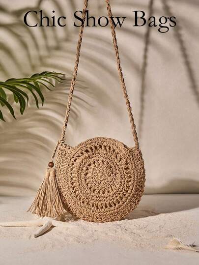 Bag Handmade Woven Round Boho Tassel Decor Crossbody Bag Fashion Hollow Out Bag For Travel Holiday, Straw Purse, Straw Beach Bag, Beach Necessities, Beach Essentials,Beach Stuff & Summer Essentials, Fashionable Vacation Bag For Summer Beach Autumn Winter Gifts ,Vacation Essentials