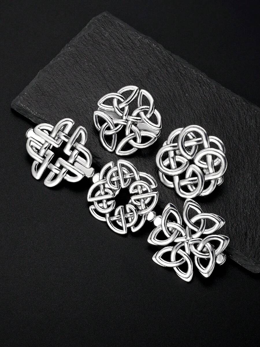 1/5Pcs Silver Vintage Celtic Shawl Clips, Retro Waist Tightening Brooch Pins, Women Girls Cardigan Scarf Dress Fasteners - Silver - View 1
