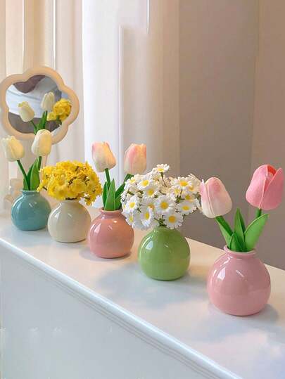 6/4/3/1 套装迷你多巴胺风格宽口陶瓷花瓶（不含鲜花），室内人造花装饰，干花桌面摆件，家居装饰，摄影道具，适用于卧室、门廊、节日装饰、情人节礼物、复活节装饰、室内装饰、返校季、房间装饰、学习用品，玻璃花瓶