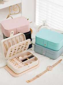 1pc PU Leather Jewelry Storage Box, Button Closure Jewelry Organizer Box, Necklace Pendant Earring Ring Bracelet Jewelry Display Case - Multicolor - View 2