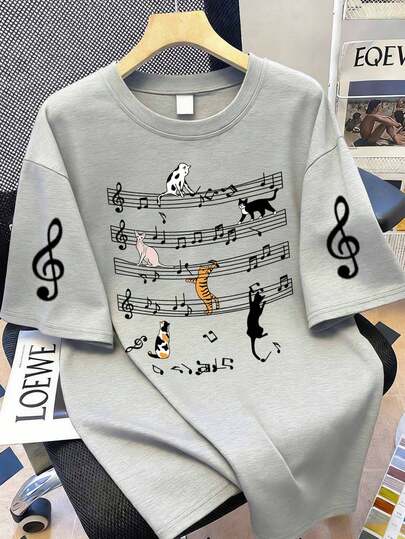 Plus Size Cat Music Graphic Short Sleeve T-Shirt, Interesting Design Gift For Friends, Comfortable Loose Round Neck Summer Tee