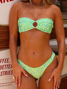 Women's Two Piece Bikini Sets O Ring Strapless Tie Back High Cut Triangle Swimsuits Y2K Cheeky Bathing Suit Beach Vacation Swimwear - 綠色 - 查看 1