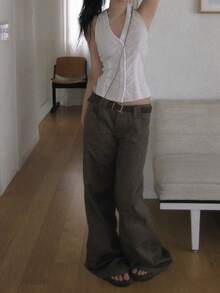 Áo hở lưng cổ yếm kẻ sọc viền ren, kiểu dáng thường ngày. - Xám - Xem 4