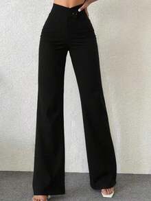 Women's Casual Elegant Straight-Leg Pants, Essential Back-To-School Item, Asymmetric V-Waistline Accentuates Curves, Suitable For Daily Wear, Office, Dates, Vacation And More - 黑色 - 查看 7