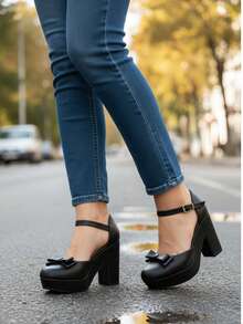 Zapatillas para mujer, tacón alto y suela antideslizante, con moño delantero, Cómodas. - Negro - Ver 6