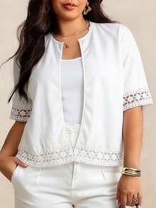Plus Size Women White Jacket Coat, Spring/Summer Lace Patchwork Waist Fitted Short Sleeve Top, Casual Commuter Short Jacket - White - View 1