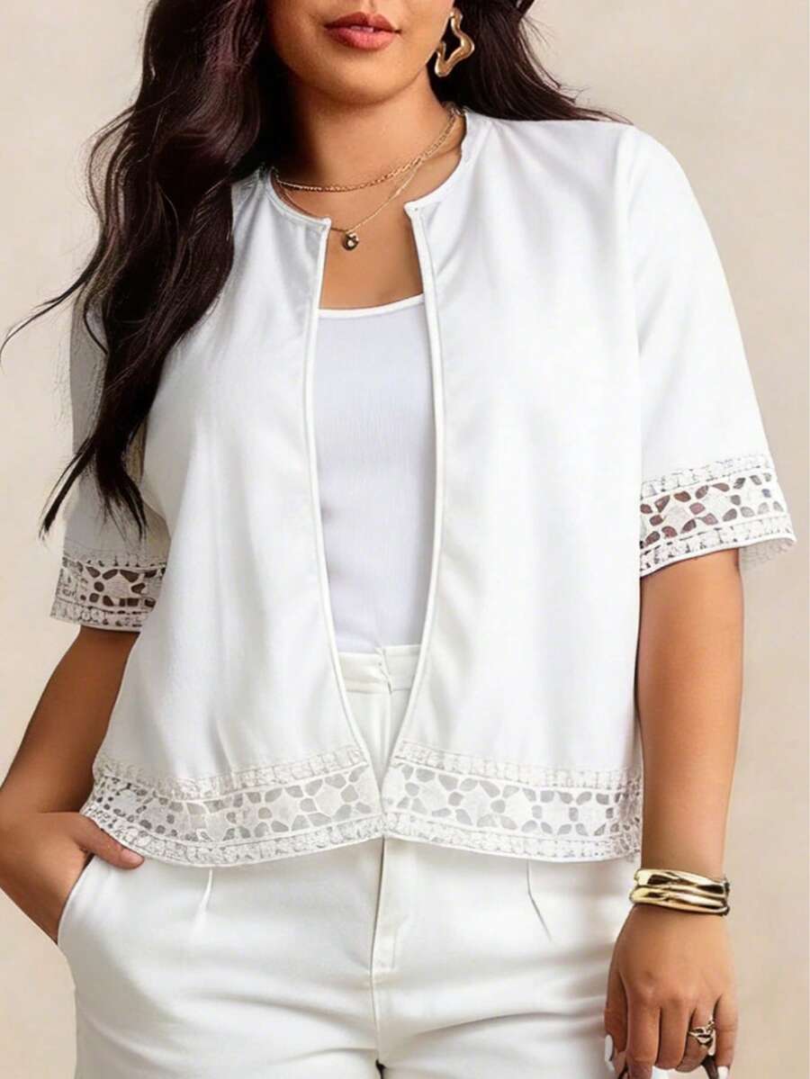 Plus Size Women White Jacket Coat, Spring/Summer Lace Patchwork Waist Fitted Short Sleeve Top, Casual Commuter Short Jacket - White - View 1