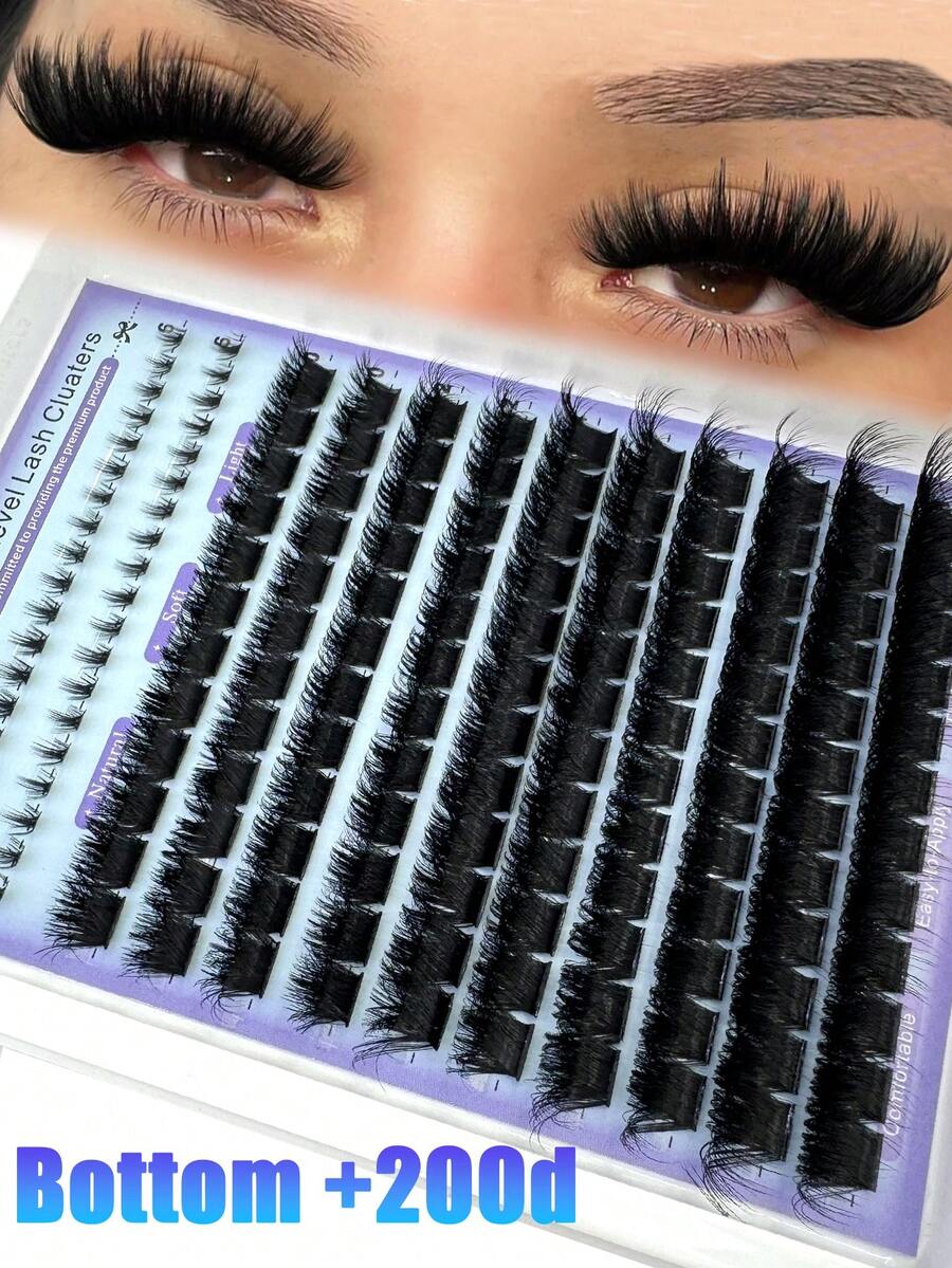 Salon-Like Lash Clusters Kit With Spikes DIY Eyelash Clusters 160/180/200pcs 120/160/200D D Curve Spiky Lashes Cluster Eyelashes Extensions Kit 12Rows Individual Lashes Manga Eyelash Extension Fluff DIY Lash Extension With Bottom(6mm) Lashes Reusable Faux Mink Fairy Individual Lash Extension Lightweight & Fluffy, Easy Application For Beginners - Black - View 1