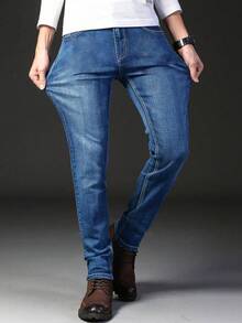 男士商务休闲直筒牛仔裤，弹力牛仔裤，适合日常穿着，时尚百搭 - 寶藍色 - 查看 4