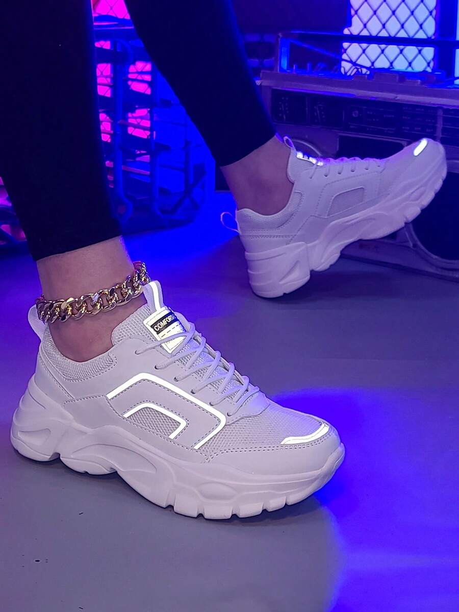 Women's Fashion Sneakers, White Reflective Platform Shoes With Mesh Upper - Perfect Gift - White - View 1