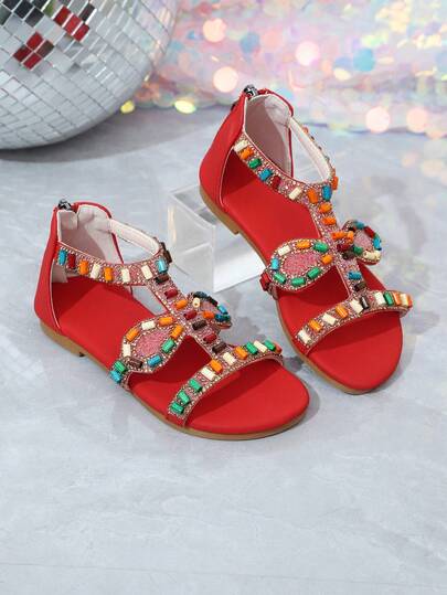 1 Pair Girls' Summer Flat Sandals, Gradient Star, Fashionable Red, Rhinestone, Colorful Woven Strap, Rear Zipper, Open Toe, Children Beach Shoes, Suitable For Travel And Outfit Matching, Bead Colors Randomly Arranged