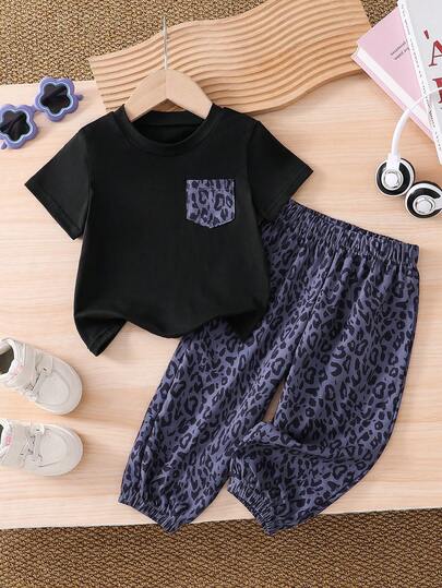 两件套女婴春夏套装，包括新生儿短袖T恤和松紧腰豹纹裤，时尚优雅可爱，适合日常、居家、外出、旅行穿着。