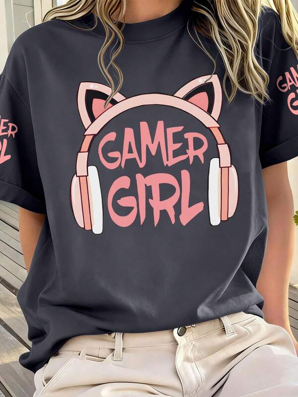 女童猫耳标语印花休闲短袖T恤，圆领设计，时尚百搭，舒适有趣。