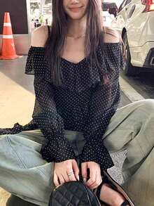 Summer Polka Dot Asymmetrical Open Shoulder Blouse For Women, French Retro Ruffle Off Shoulder Long Sleeve Shirt - Black - View 4