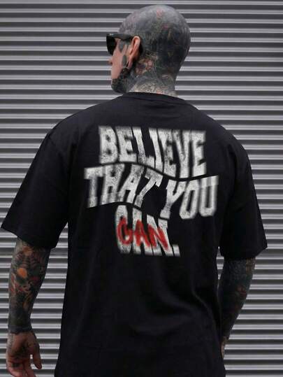 Men's Believe In Yourself Slogan Distressed Spray Paint Pattern Drop Shoulder Loose T-Shirt, Casual Fitness Sports Street Fashion Inspirational Retro Style, Soft & Comfortable, Summer