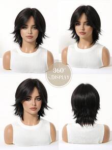 Tóc giả ngắn nhiều lớp màu đen kiểu bob 12 inch, chất liệu tổng hợp tự nhiên, có mái - Tóc giả thời trang chịu nhiệt, trông tự nhiên dành cho phụ nữ, phù hợp để đội hàng ngày và dự tiệc. - màu đen - Xem 6
