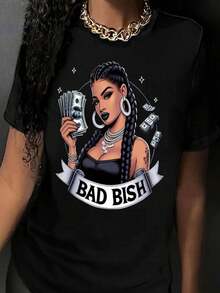 Plus Size-Funny Men's And Women's Round Neck T-Shirt Women's  Fashion T-Shirt,Women's BAD BISH Money Motif Graphic Tee - Black T-Shirt With Bold Money Bags & Text Design, Lightweight 180gsm Glossy Fabric For Everyday & Formal Outfits - Empowering Female Fashion Top, Ladies T-Shirts, Casual Wear,Design, Breathable Fabric - 黑色 - 查看 1