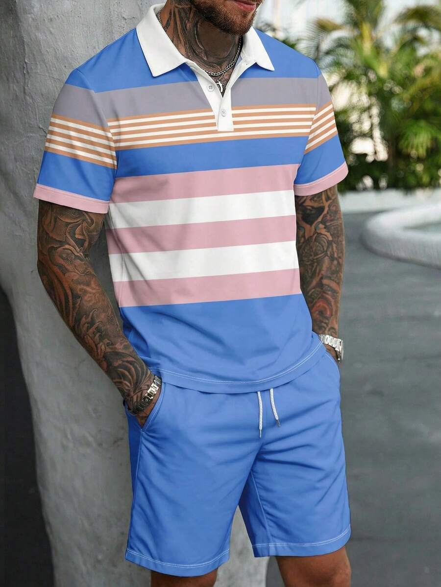 Men's Summer Casual Vacation & Commute Contrast Stripe Print Short Sleeve Polo Shirt And Drawstring Waist Shorts Set - Multicolor - View 1